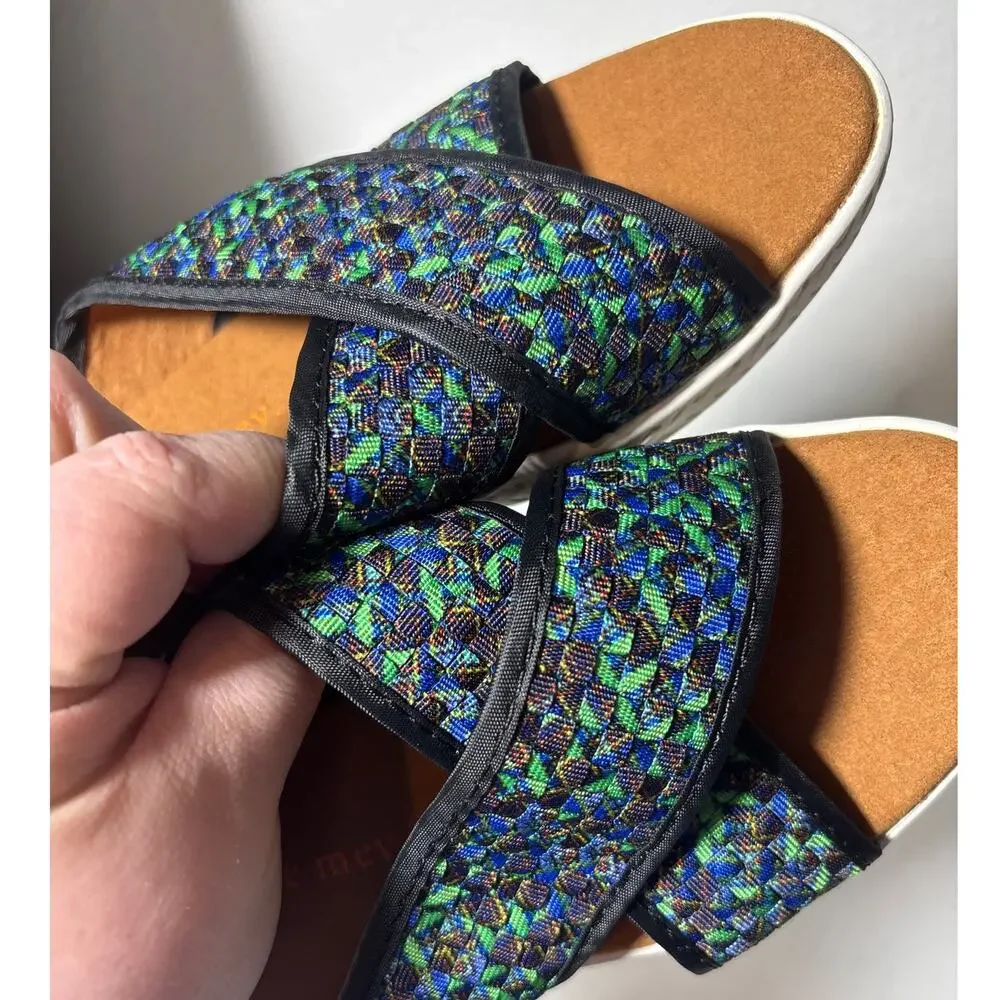 Bernie Mev NWOT Size 6 (EU 37) Avon Slip-On Sandals Blue Green Mosaic Woven